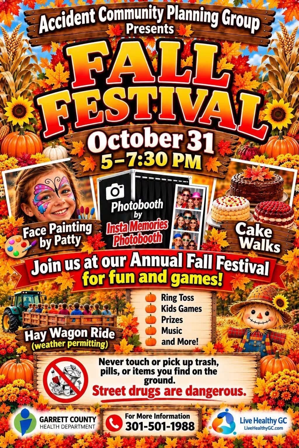 Accident Community Planning Group Fall Festival flyer, October 31, 5 to 7:30 PM, face painting, photo booth, cake walks, hay wagon ride, ring toss, kids games, prizes and music