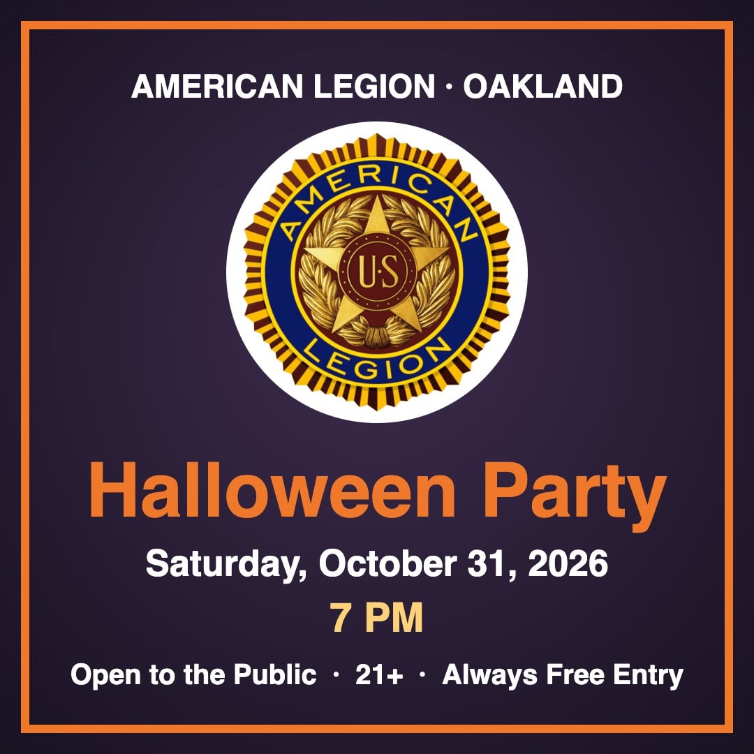 American Legion seal with Halloween Party, Saturday, October 31, 2026, 7 PM, open to the public, 21 and older, free entry