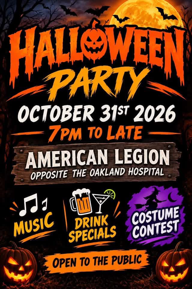 American Legion Halloween Party flyer, October 31, 2026, 7 PM to late, opposite the Oakland hospital