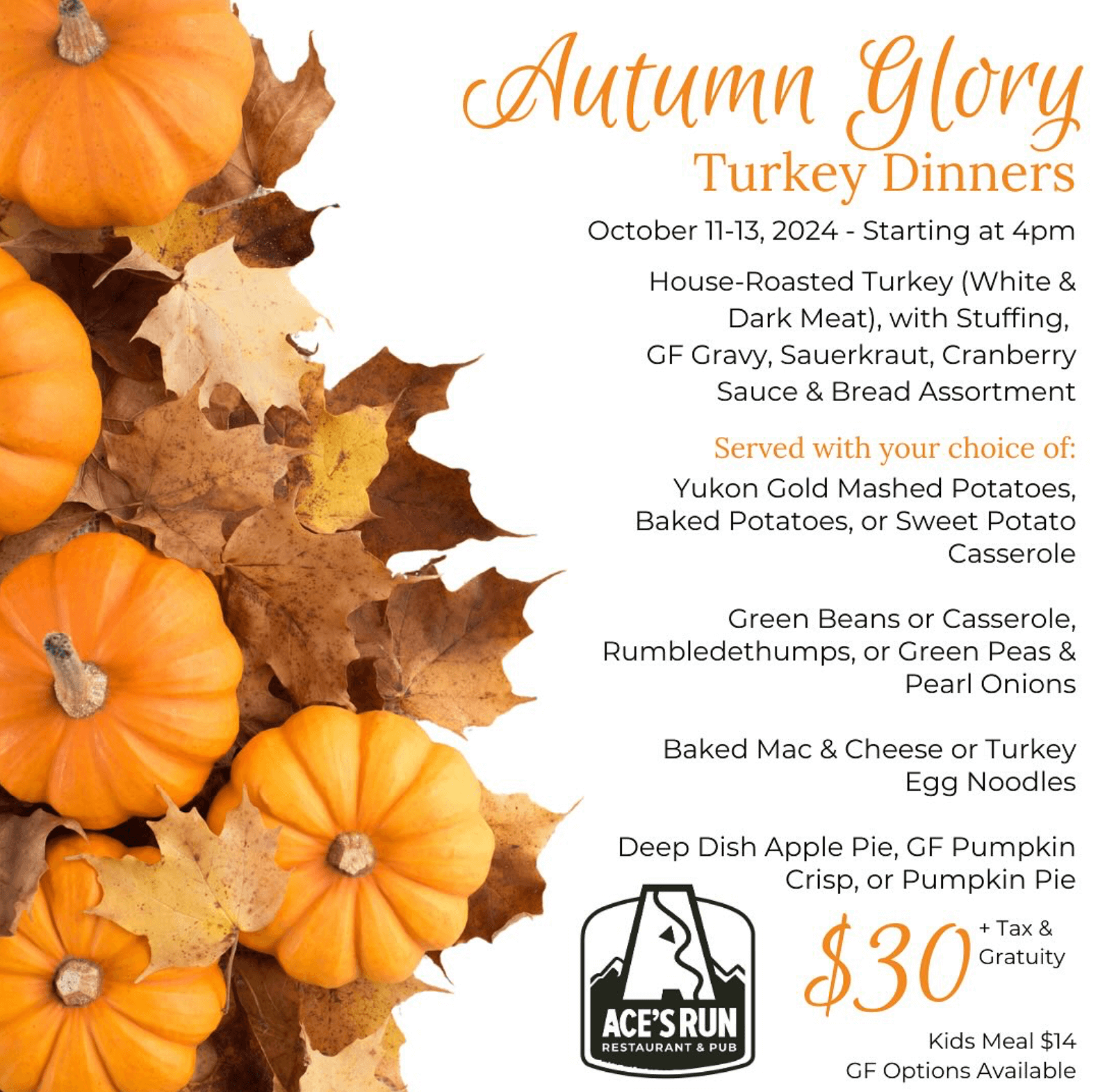 Autumn Glory Turkey Dinners at Ace's Run Restaurant & Pub at Deep Creek Lake MD