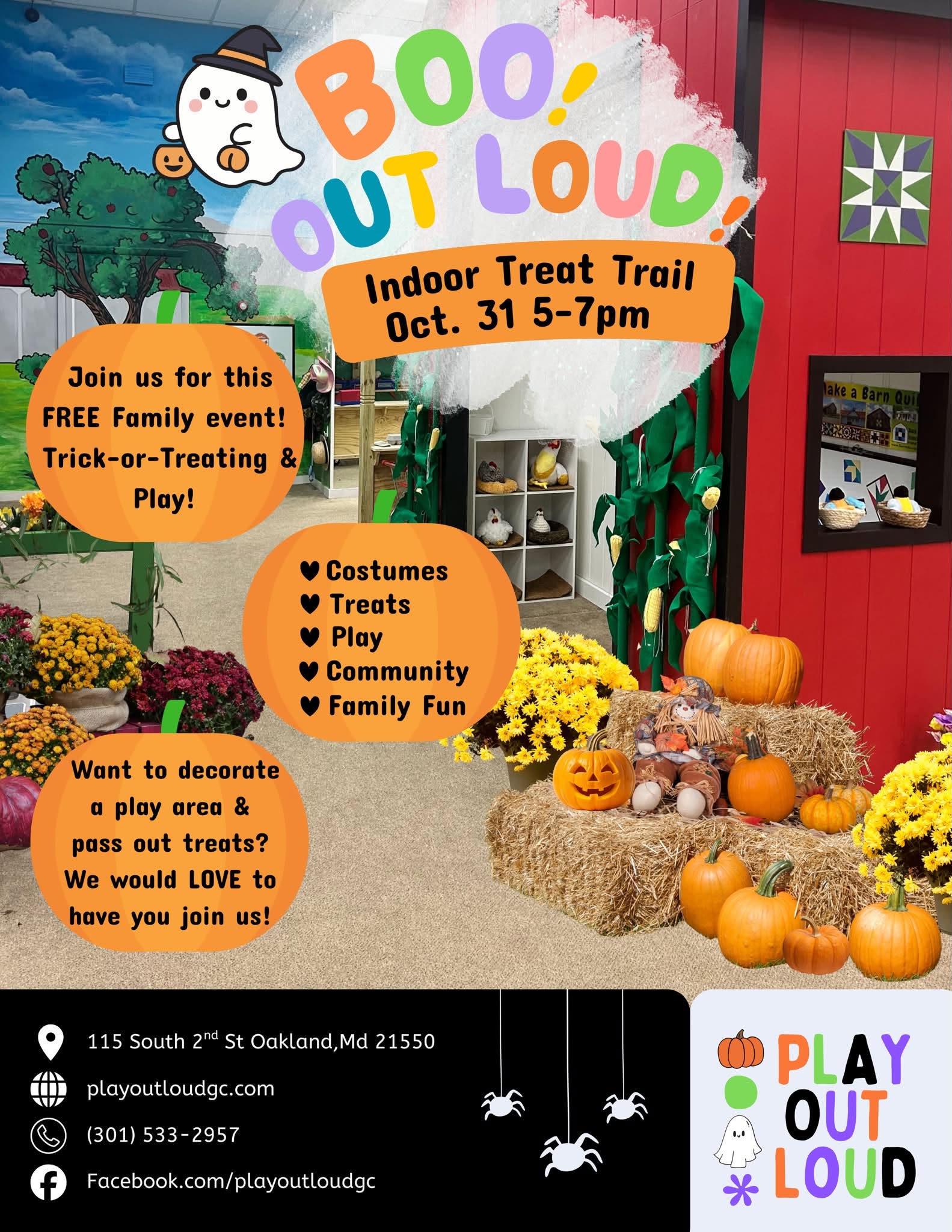 Boo Out Loud Indoor Treat Trail flyer at Play Out Loud, October 31, 5 to 7 PM, free family event with trick-or-treating and play, 115 South 2nd St., Oakland