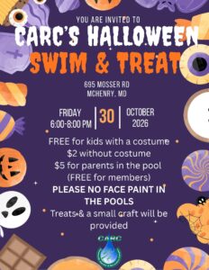 CARC's Halloween Swim and Treat flyer, Friday, October 30, 2026, 6 to 8 PM, 695 Mosser Road, McHenry, free for kids in costume, $2 without costume, $5 for parents in the pool, free for members, no face paint in the pools, treats and a small craft provided