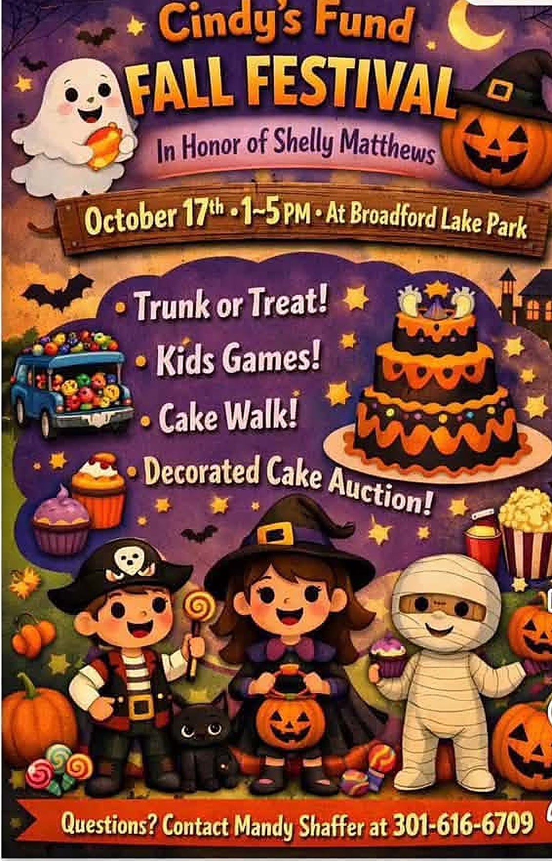 Cindy's Fund Fall Festival flyer in honor of Shelly Matthews, October 17, 1 to 5 PM at Broadford Lake Park, trunk or treat, kids games, cake walk, decorated cake auction