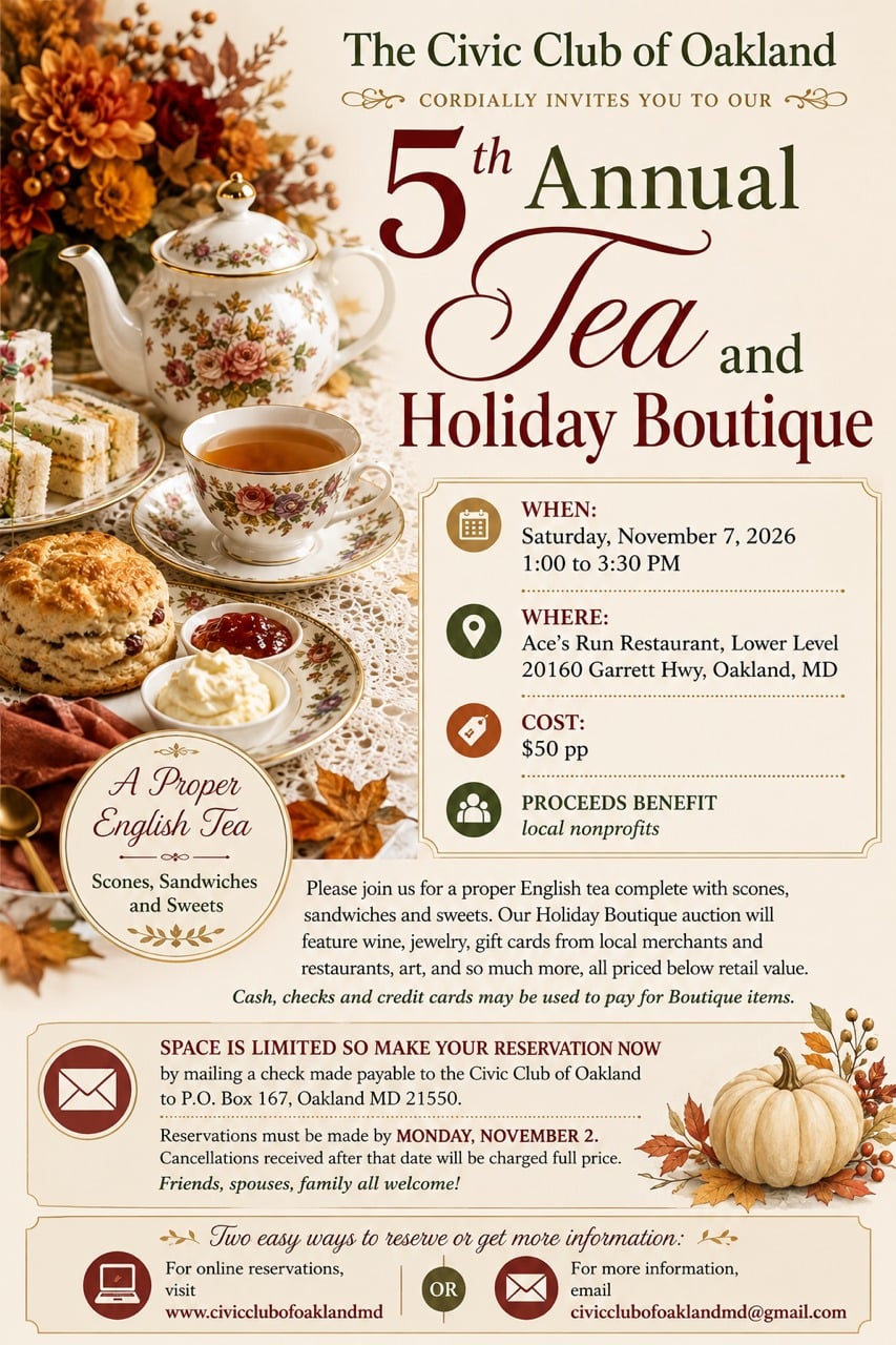 The Civic Club of Oakland 5th Annual Tea and Holiday Boutique flyer, Saturday, November 7, 2026, 1 to 3:30 PM, Ace's Run Restaurant lower level, $50 per person, reservations by November 2