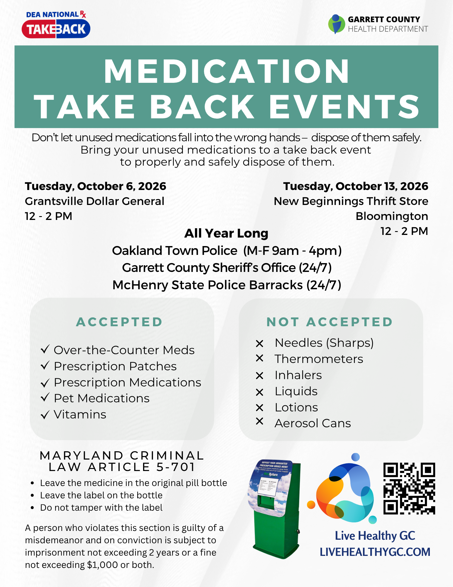 Clear Out the Medicine Cabinet- Medication Take Back Events Coming to Garrett County Clear Out the Medicine Cabinet- Medication Take Back Events Coming to Garrett County
