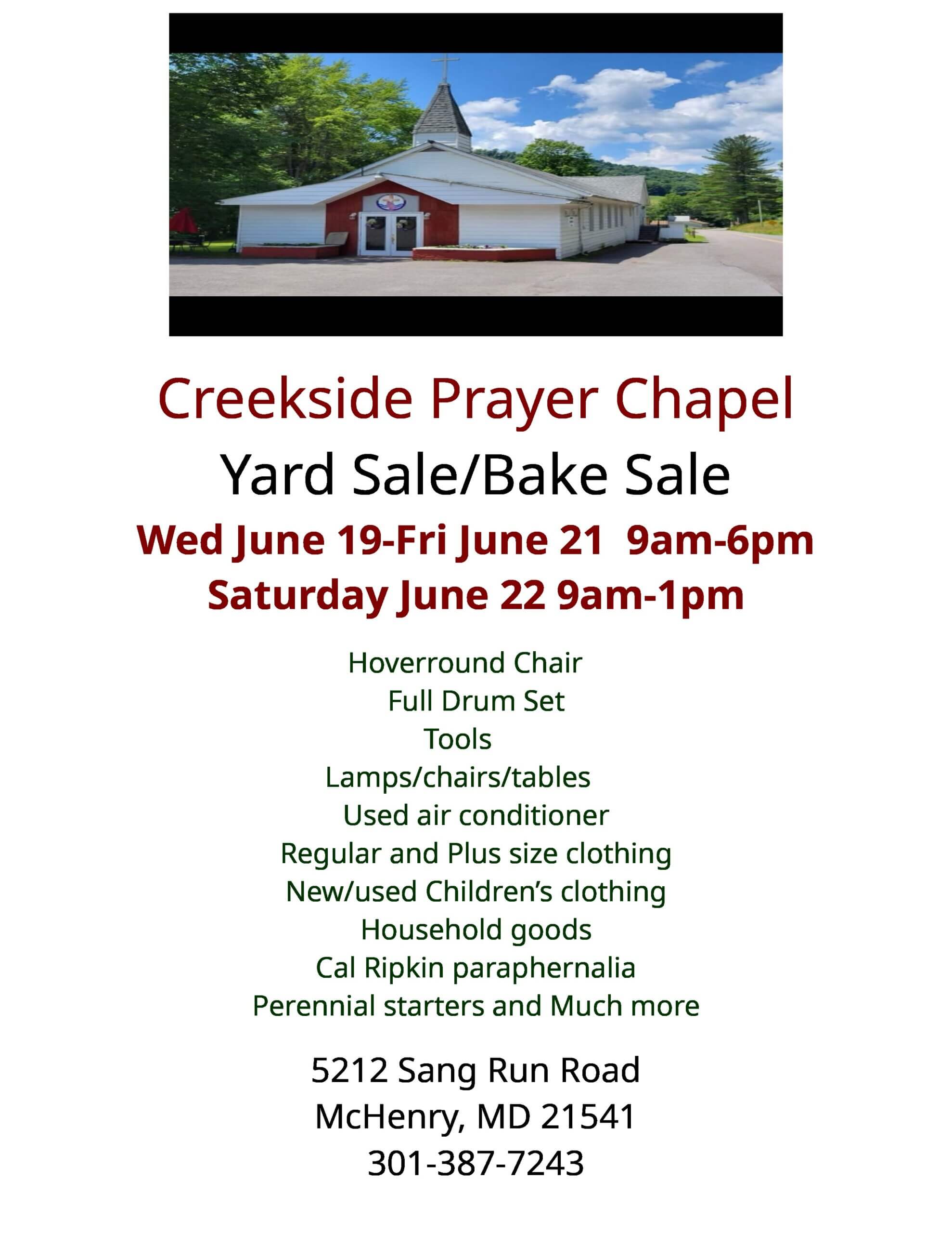 Creekside Prayer Chapel Yard Sale/Bake Sale at Deep Creek Lake, MD