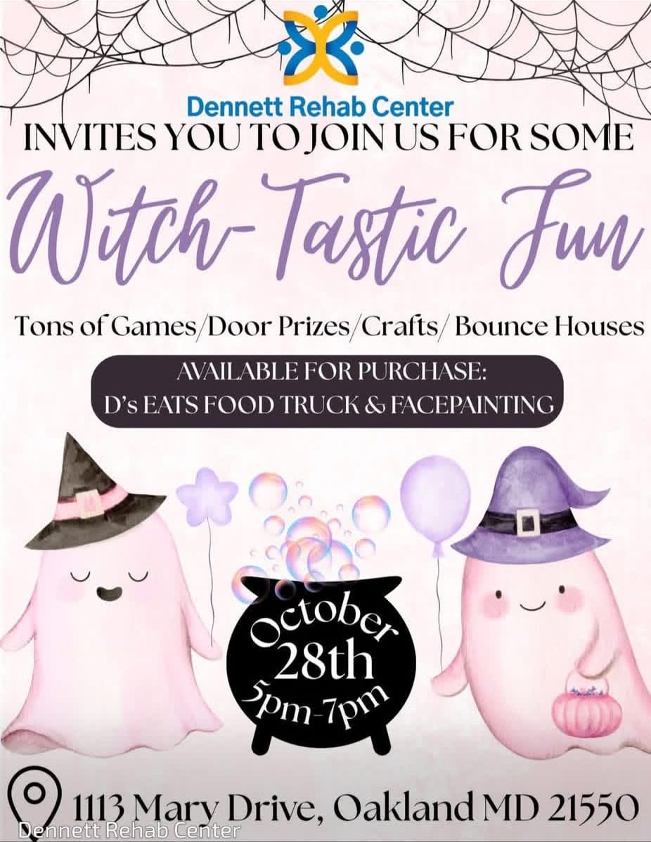 Dennett Rehab Center Witch-Tastic Fun flyer, October 28, 5 to 7 PM, 1113 Mary Drive, Oakland, games, door prizes, crafts, bounce houses, D's Eats food truck and face painting available for purchase