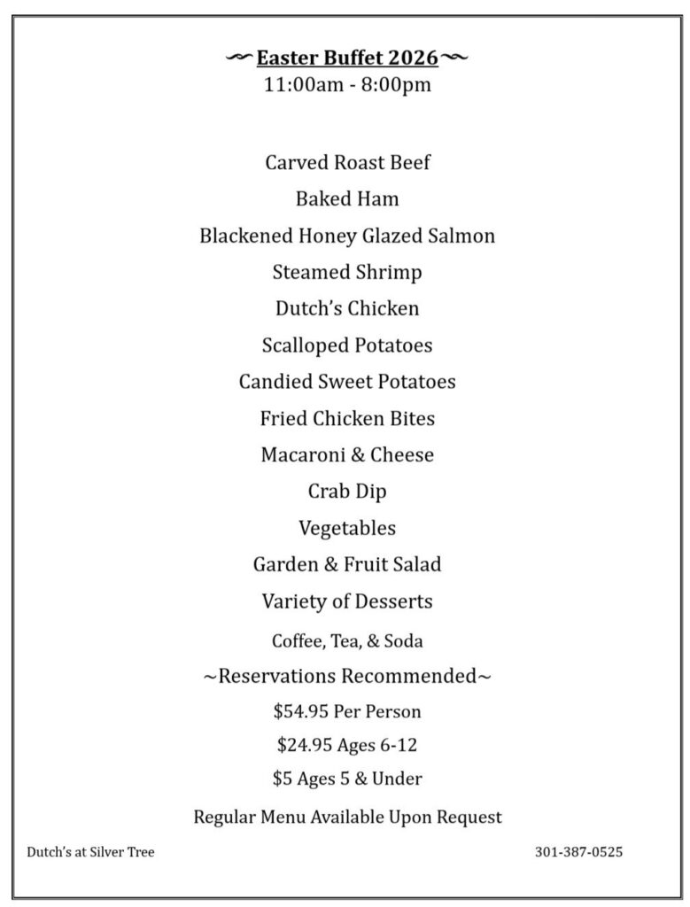 Easter Buffet 2026 at Dutch's At Silver Tree (Menu) at Deep Creek Lake, MD