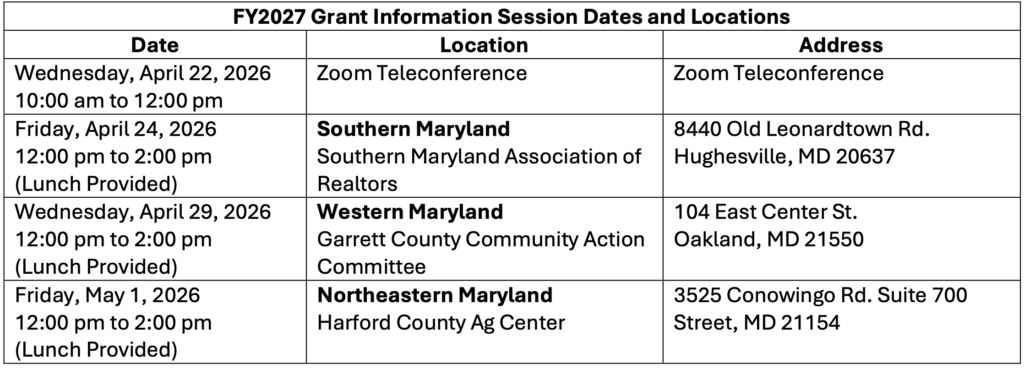 FY2027 Grant Information Session Dates and Locations