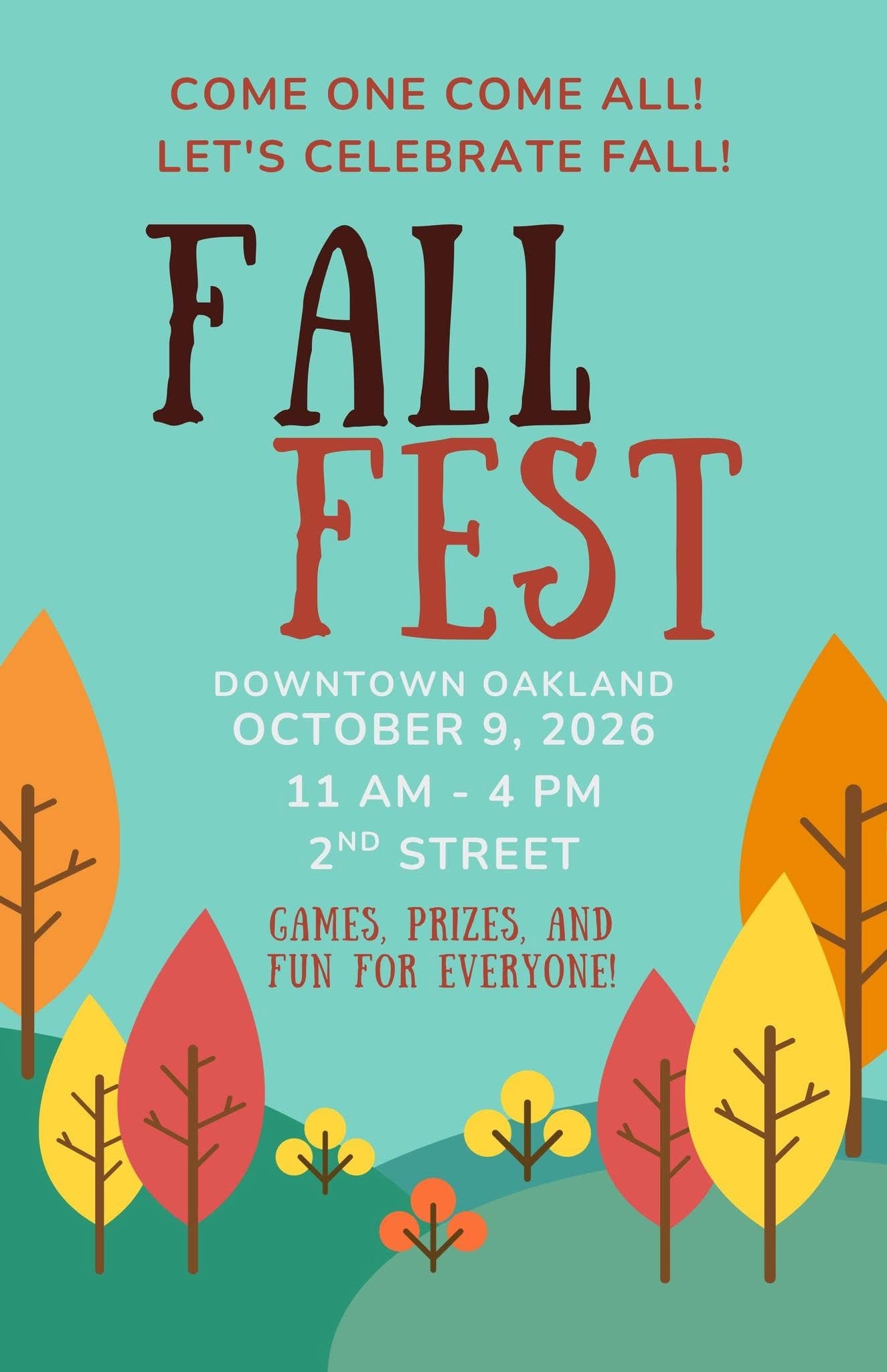 Fall Fest flyer, Downtown Oakland, October 9, 2026, 11 AM to 4 PM on 2nd Street, games, prizes and fun for everyone
