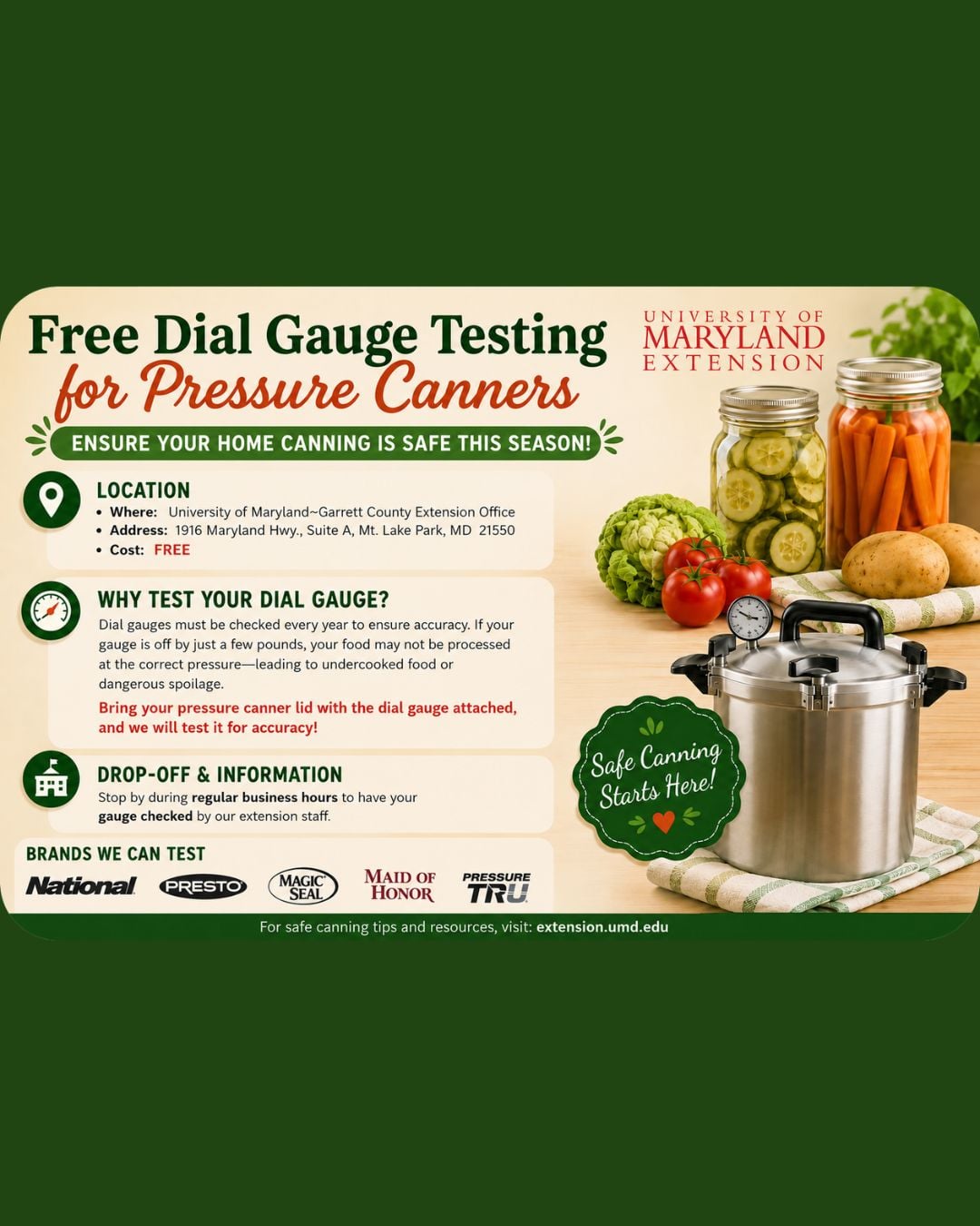 Free Dial Gauge Testing for Pressure Canners