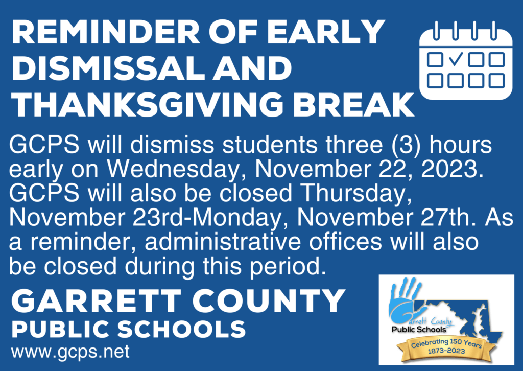 GCPS Calendar Reminder Early Dismissal and Thanksgiving Break Deep