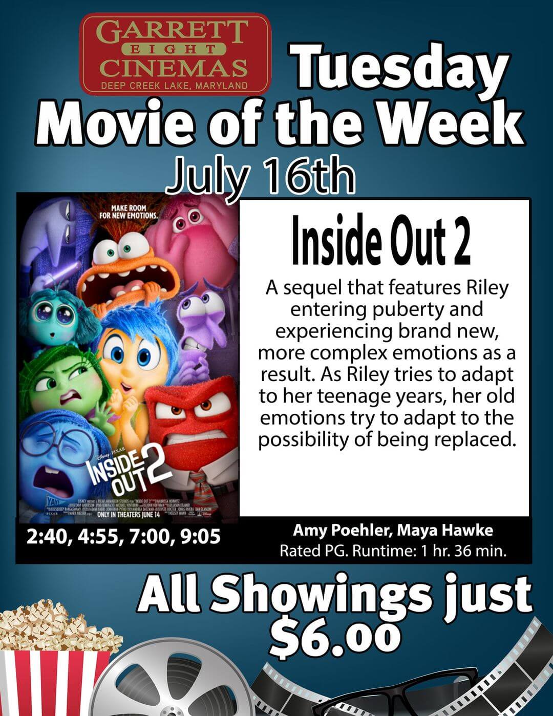 Garrett 8 Cinemas’ Tuesday Movie of the Week: Inside Out 2 at Deep Creek Lake, MD