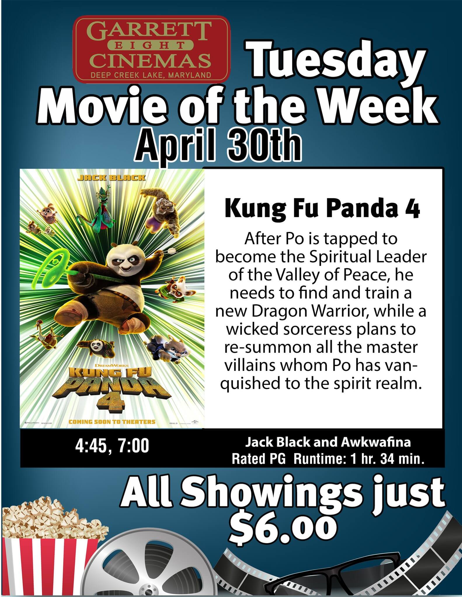 Garrett 8 Cinemas' Tuesday Movie of the Week- Kung Fu Panda 4 at Deep Creek Lake, MD