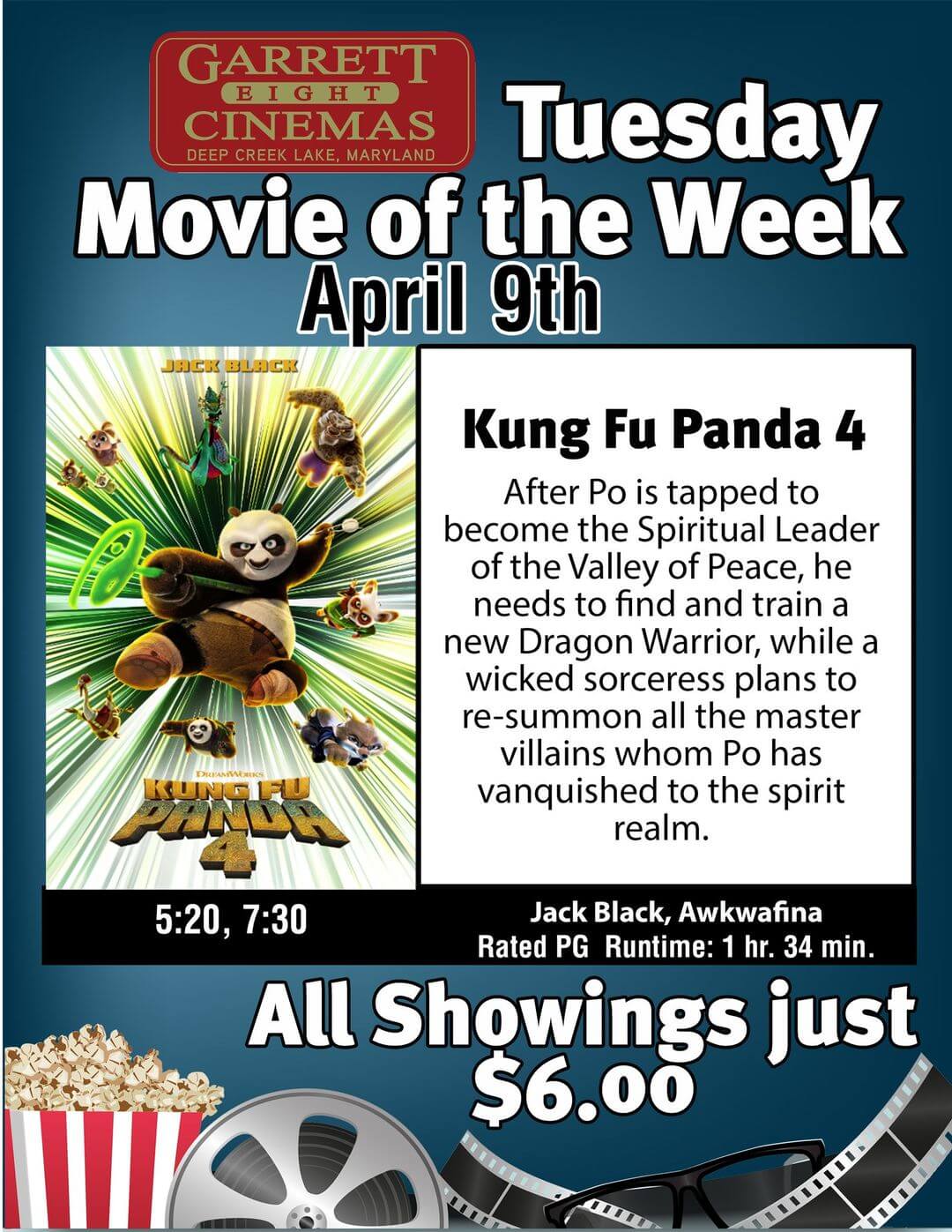 Garrett 8 Cinemas' Tuesday Movie of the Week: Kung Fu Panda 4 at Deep Creek Lake, MD