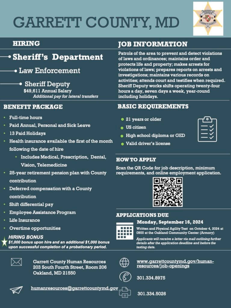 Garrett County Sheriff's Department Hiring Full-Time Sheriff’s Deputy Positions (Deep Creek Lake, MD)