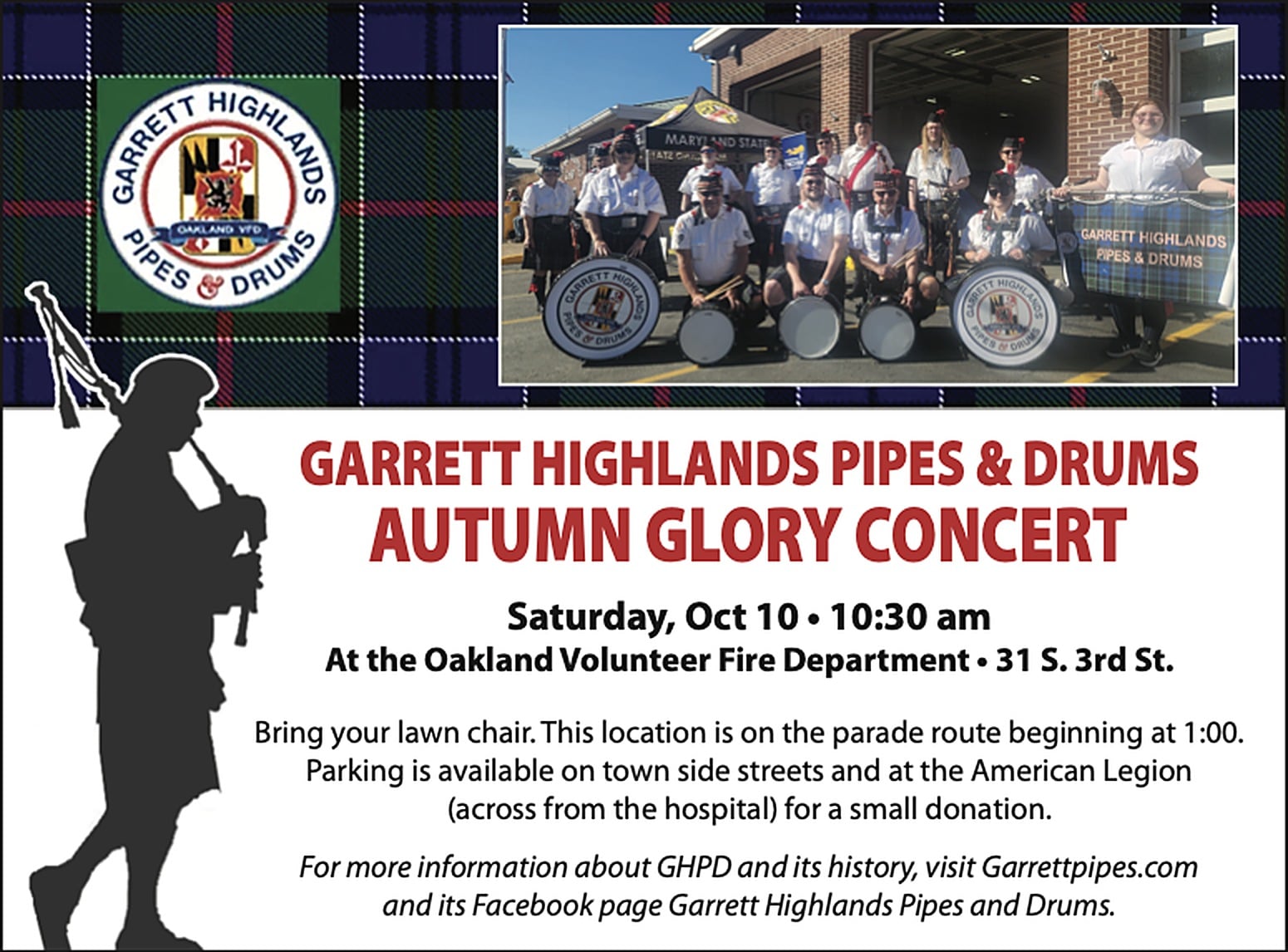 Garrett Highlands Pipes & Drums Autumn Glory Concert flyer, Saturday, October 10, 10:30 AM, Oakland Volunteer Fire Department