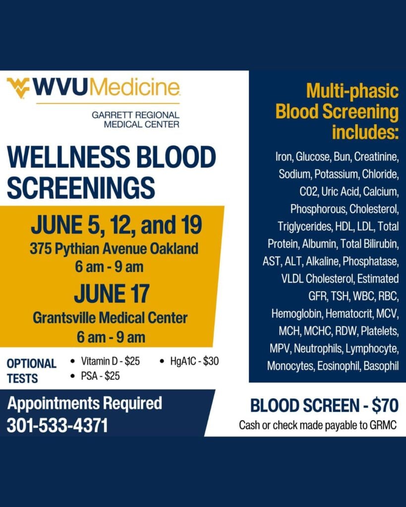 Garrett Regional Medical Center to Offer Wellness Blood Screenings in Oakland, Grantsville