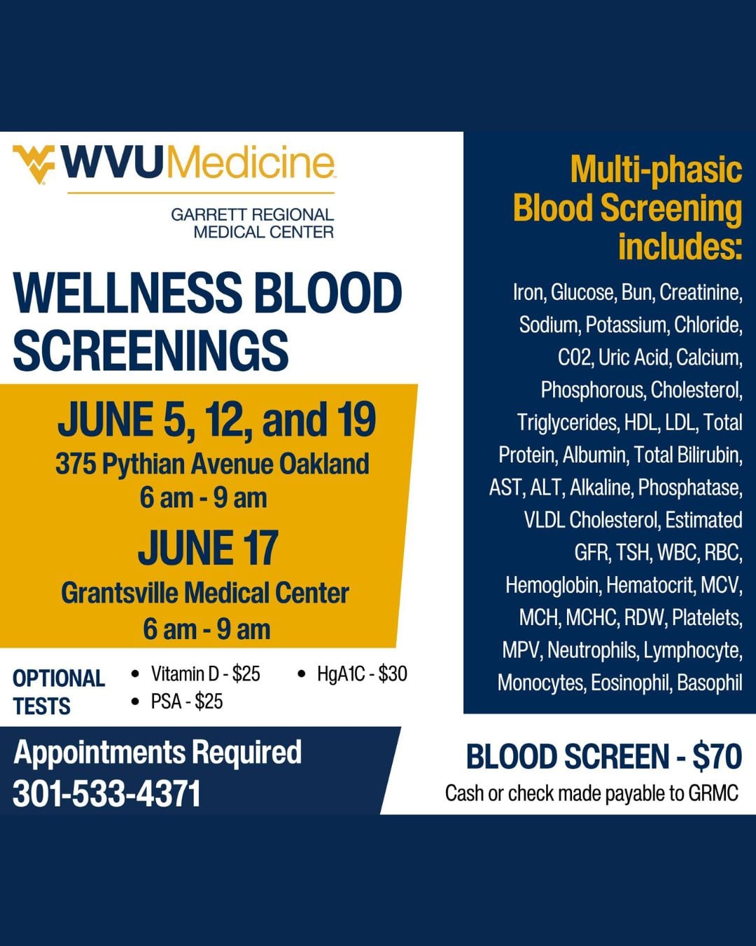Garrett Regional Medical Center to Offer Wellness Blood Screenings in Oakland, Grantsville
