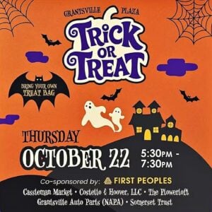 Grantsville Plaza Trick or Treat flyer, Thursday, October 22, 5:30 to 7:30 PM, bring your own treat bag, co-sponsored by First Peoples