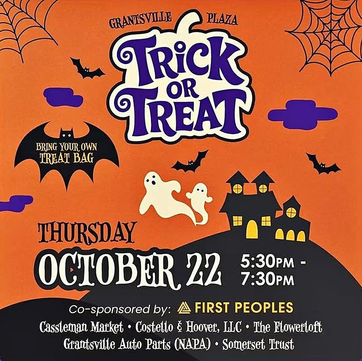 Grantsville Plaza Trick or Treat flyer, Thursday, October 22, 5:30 to 7:30 PM, bring your own treat bag, co-sponsored by First Peoples