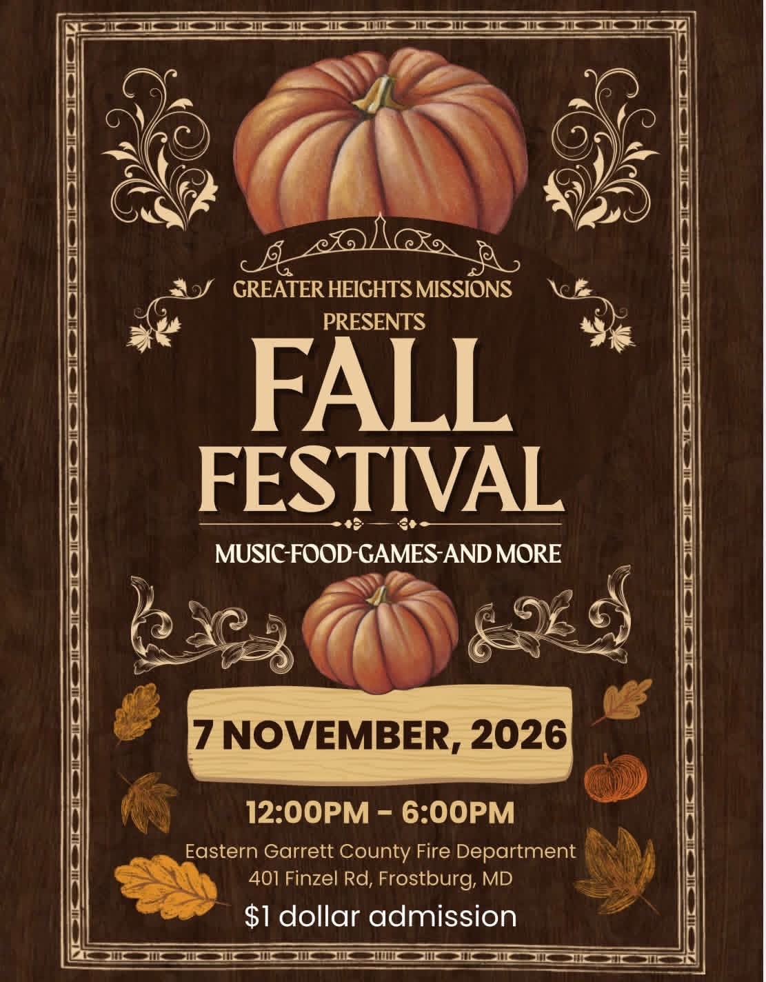 Greater Heights Missions Fall Festival flyer, November 7, 2026, noon to 6 PM, Eastern Garrett County Fire Department, 401 Finzel Road, Frostburg, music, food, games, $1 admission