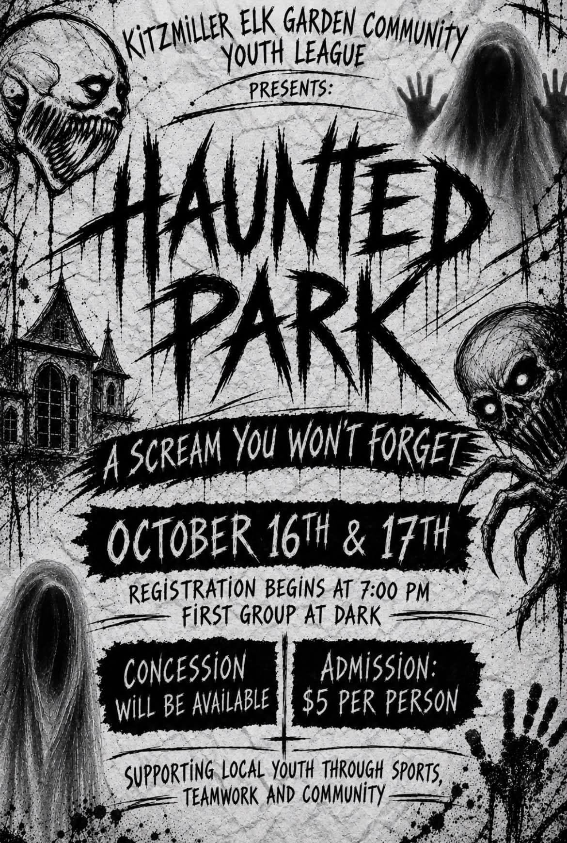 Haunted Park flyer from the Kitzmiller Elk Garden Community Youth League, October 16 and 17, registration at 7 PM, $5 per person
