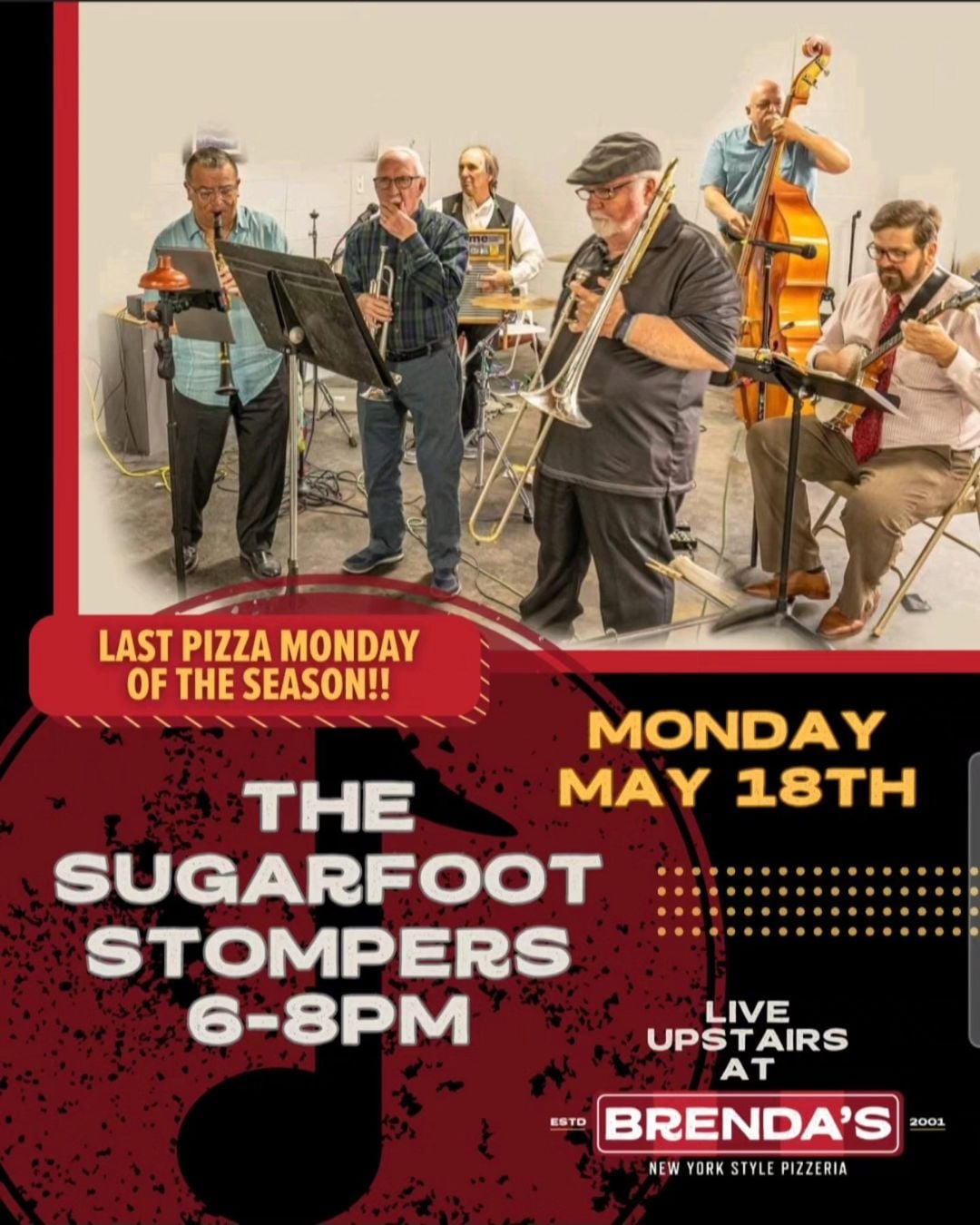 Last Pizza Monday with the Sugarfoot Stompers at Brenda's Pizzeria