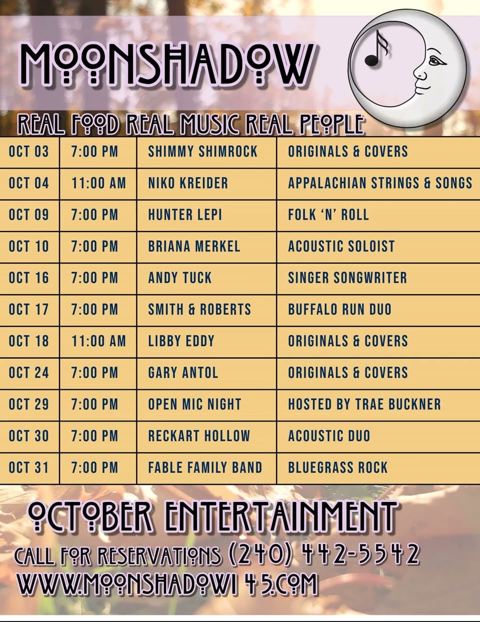 MoonShadow's October entertainment