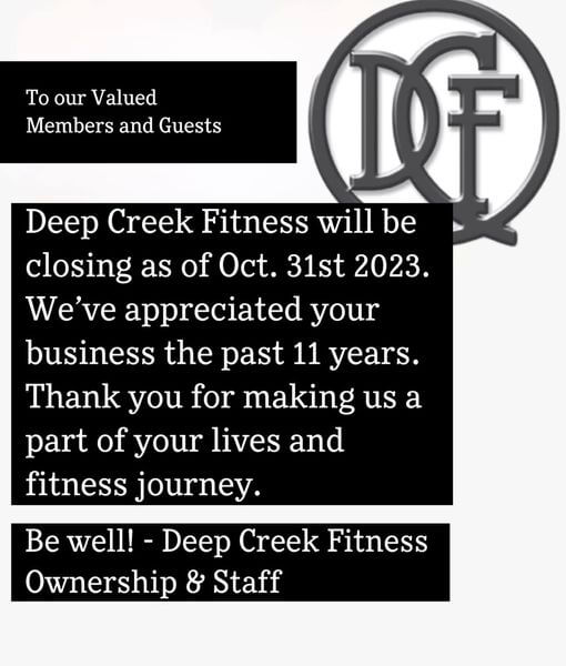 Notice of Closing of Deep Creek Fitness at Deep Creek Lake, MD