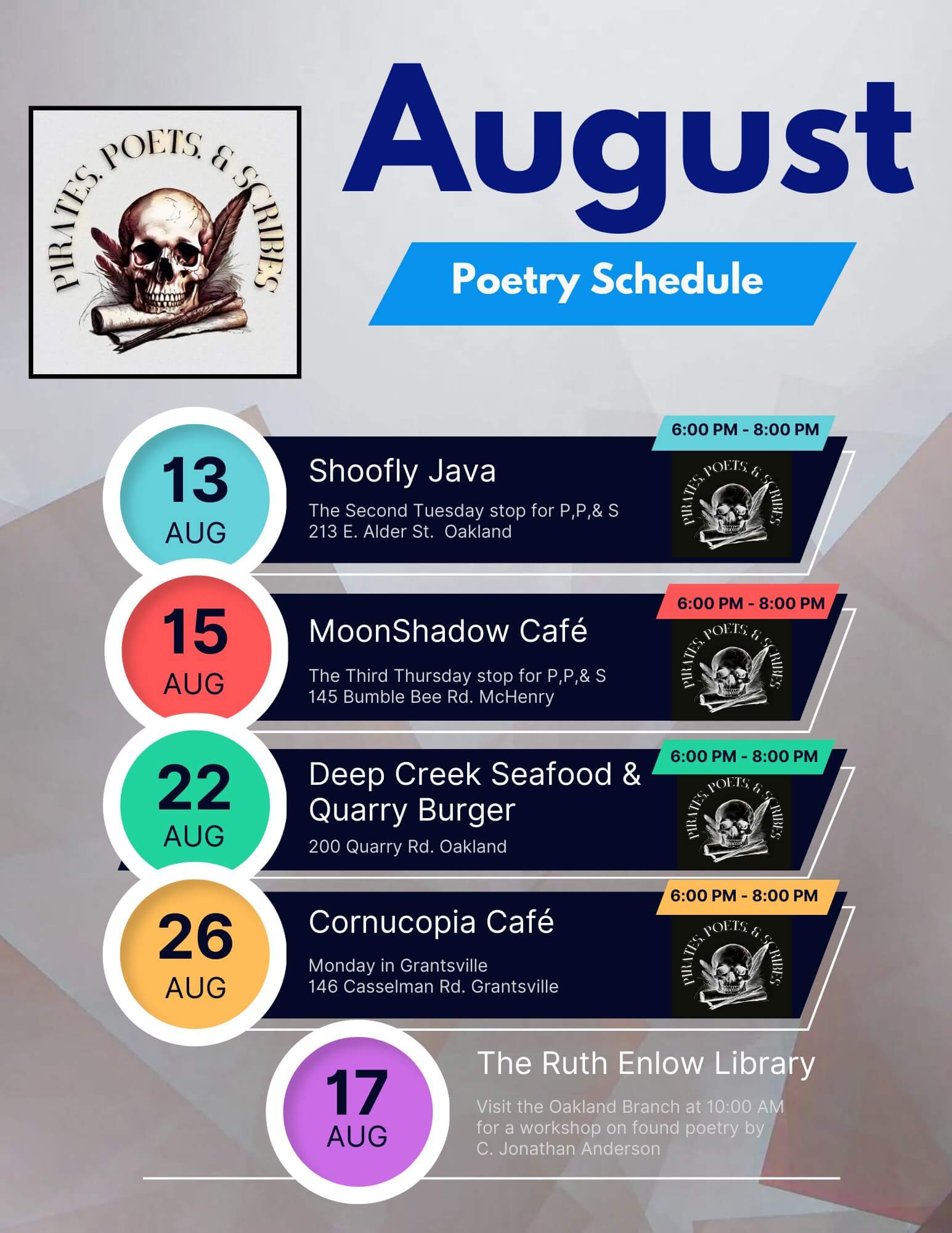 Pirates, Poets, & Scribes (August Schedule) at Deep Creek Lake, MD