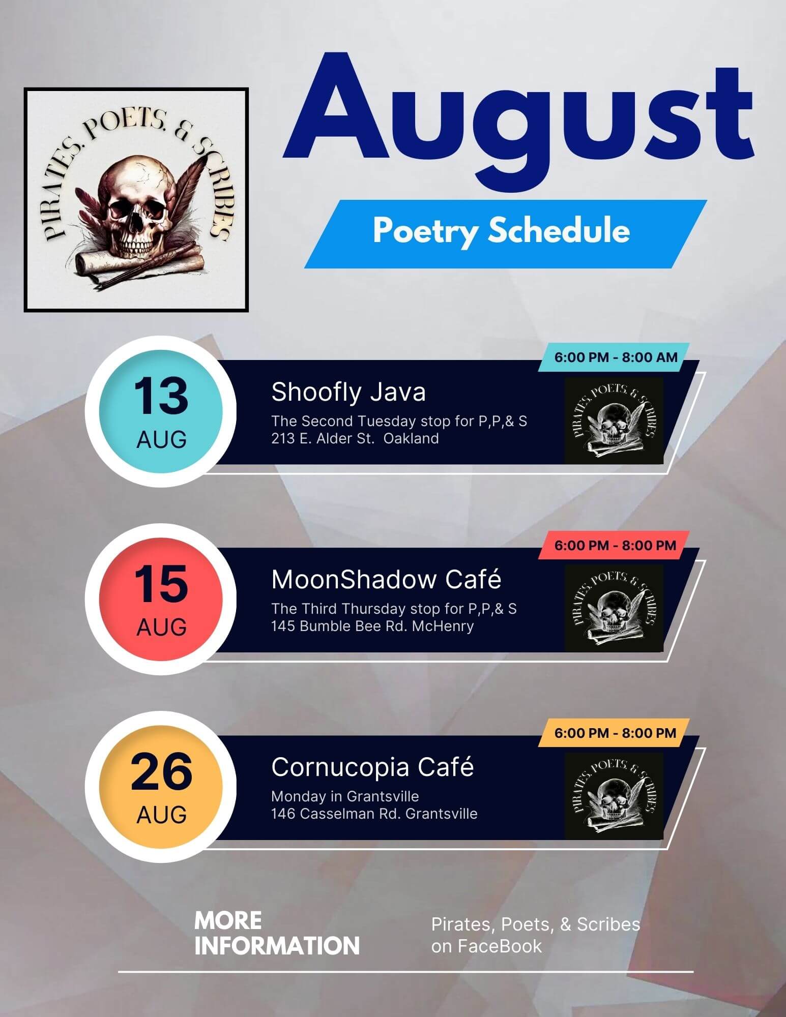 Pirates, Poets, & Scribes (August Schedule) at Deep Creek Lake, MD