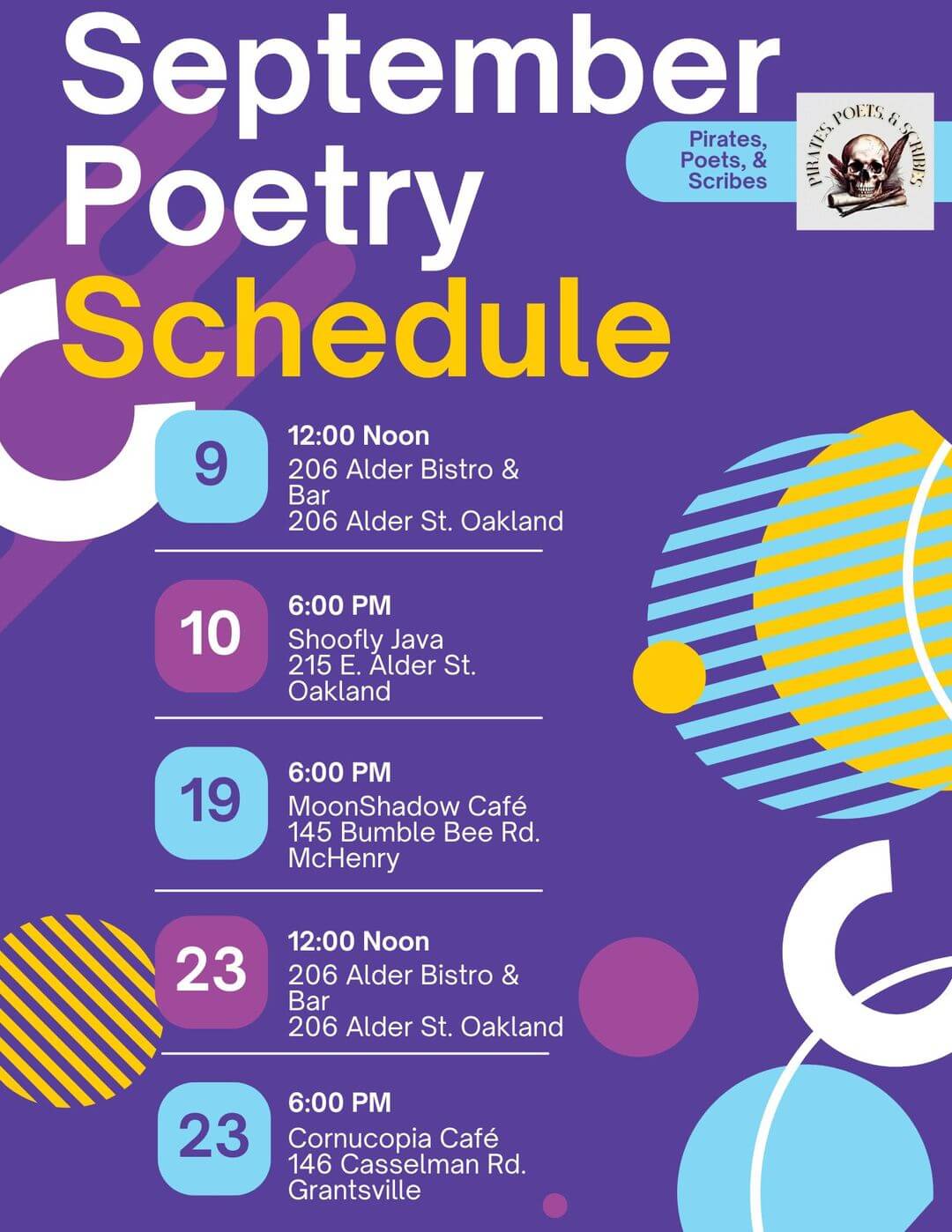 Pirates, Poets, & Scribes September Schedule at Deep Creek Lake, MD