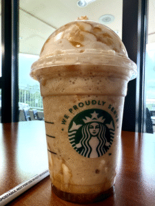 Buttery caramel syrup blended with coffee, milk and ice, then topped with a layer of dark caramel sauce, whipped cream, caramel drizzle and a crunchy caramel-sugar topping—oh-so-beautifully delicious. 470 calories, 60g sugar, 22g fat