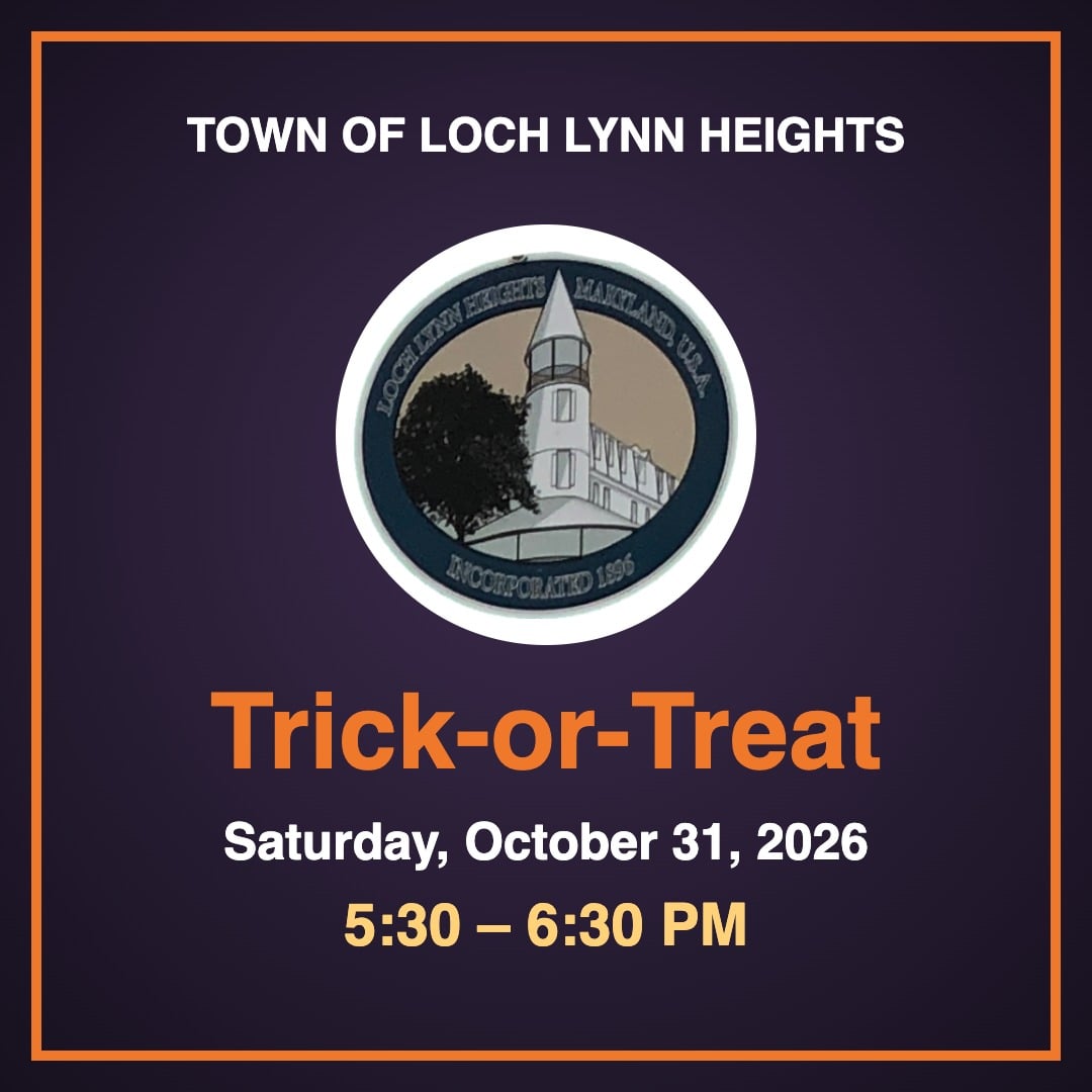Town of Loch Lynn Heights seal with trick-or-treat hours, Saturday, October 31, 2026, 5:30-6:30 PM