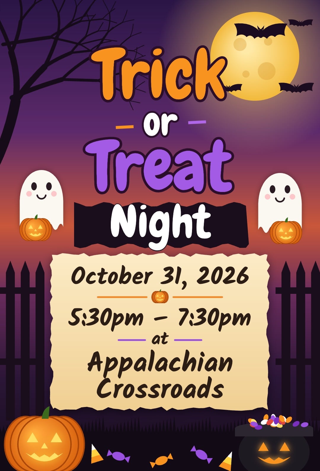 Trick or Treat Night flyer, October 31, 2026, 5:30 to 7:30 PM at Appalachian Crossroads