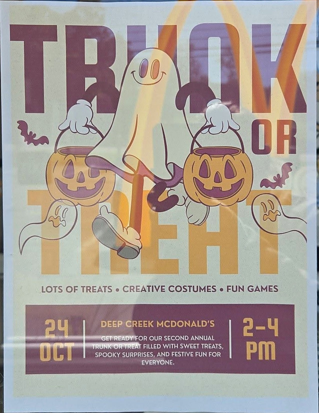 Trunk or Treat flyer for Deep Creek McDonald's, October 24, 2 to 4 PM, lots of treats, creative costumes and fun games