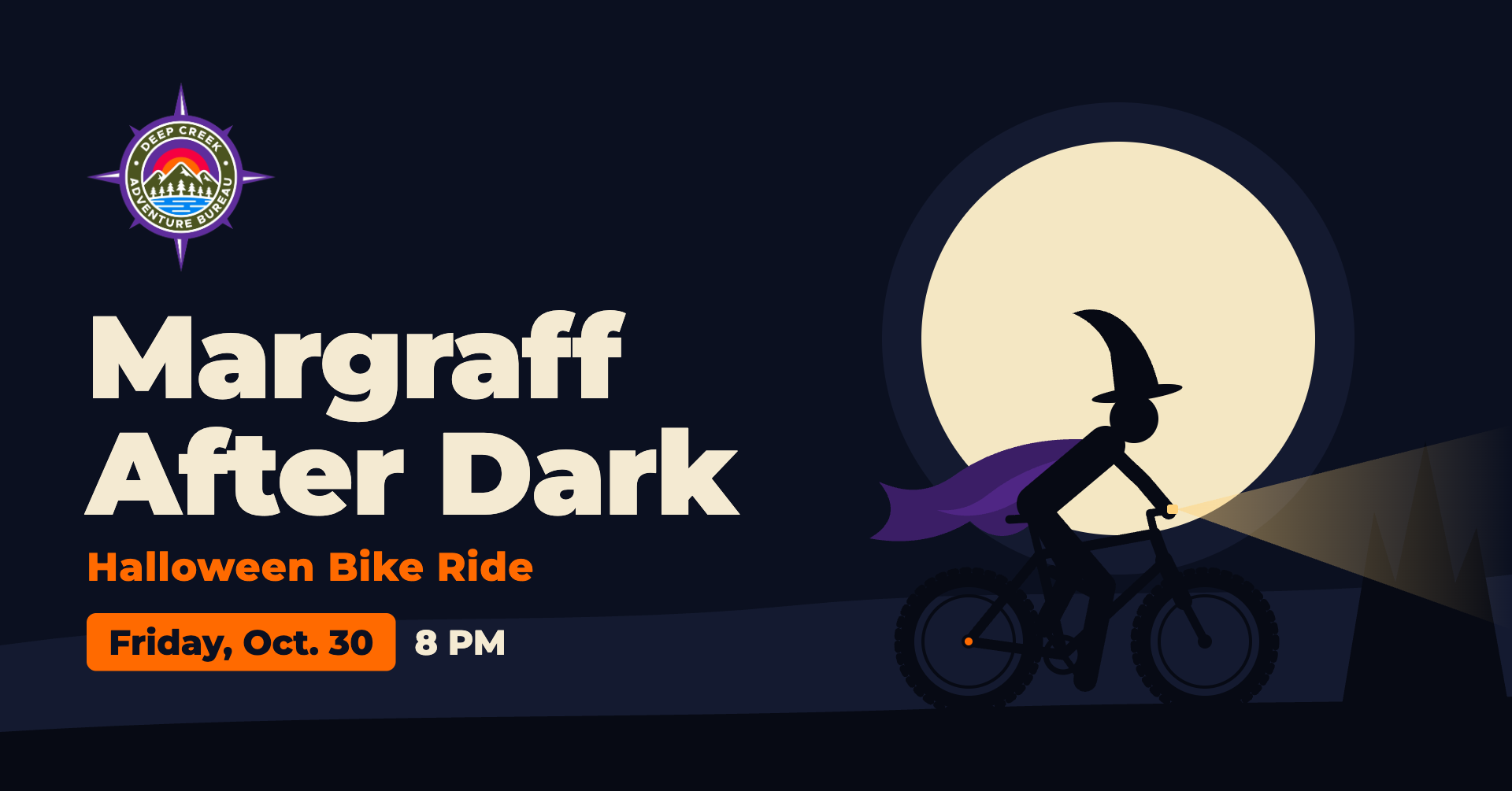Margraff After Dark Halloween Bike Ride, Friday, Oct. 30, 8 PM, with a caped witch riding a bike past the full moon