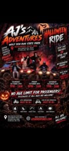 AJ's Adventures Halloween Ride flyer, October 29-31, Wolf Den Run State Park, Huckleberry Rocks Area