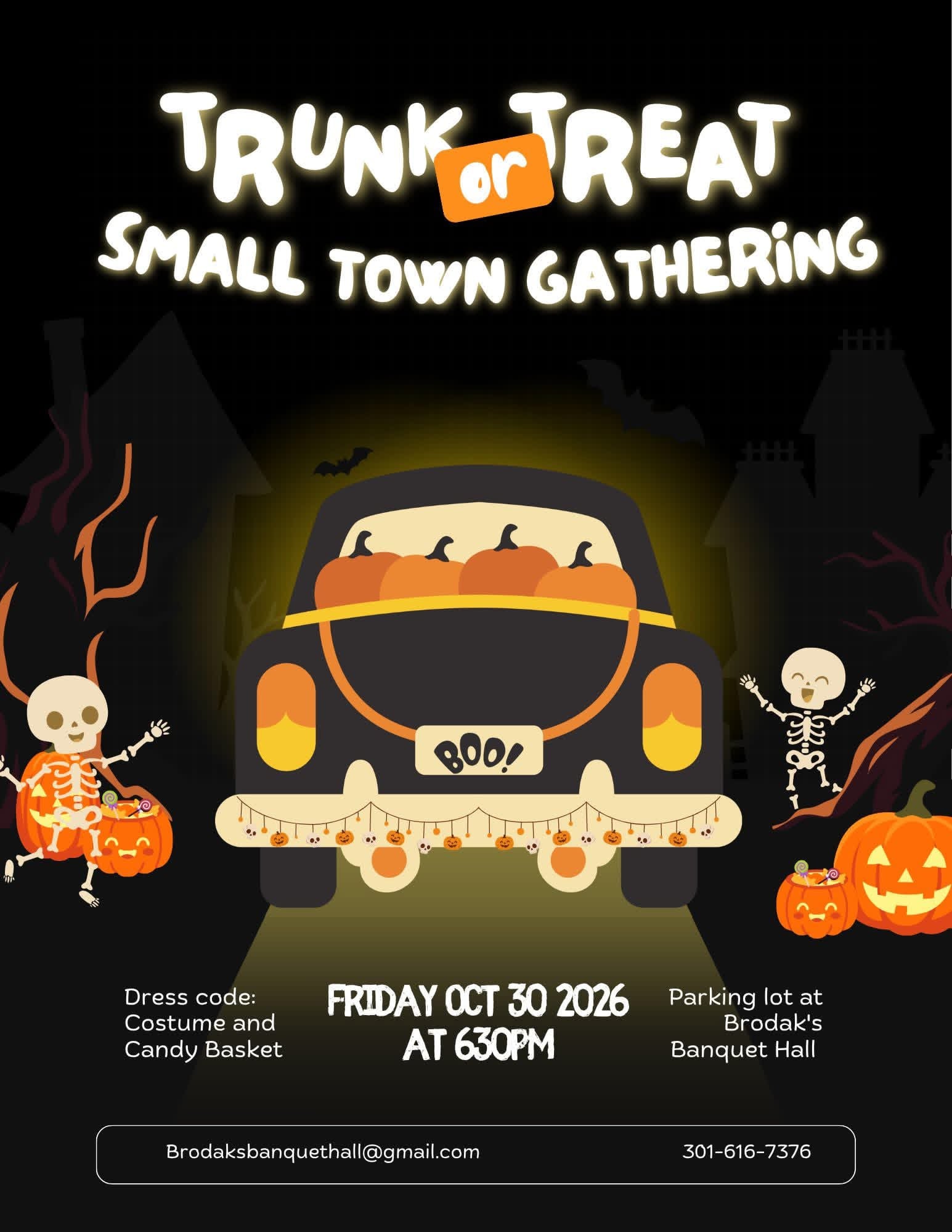 Trunk or Treat Small Town Gathering flyer, Friday, October 30, 2026, 6:30 PM, Brodak's Banquet Hall parking lot