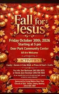 Fall for Jesus flyer, Friday, October 30, 2026, starting at 5 PM, Deer Park Community Center