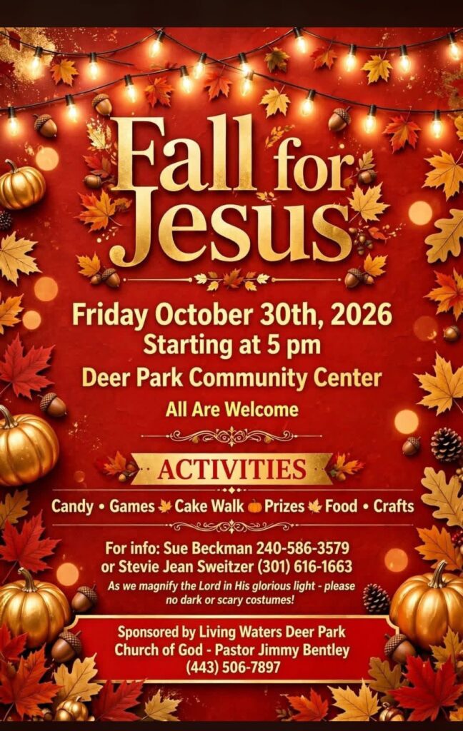 Fall for Jesus flyer, Friday, October 30, 2026, starting at 5 PM, Deer Park Community Center