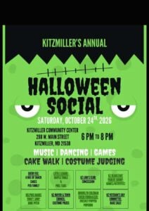 Kitzmiller's Annual Halloween Social flyer, Saturday, October 24, 2026, 6 to 8 PM, Kitzmiller Community Center