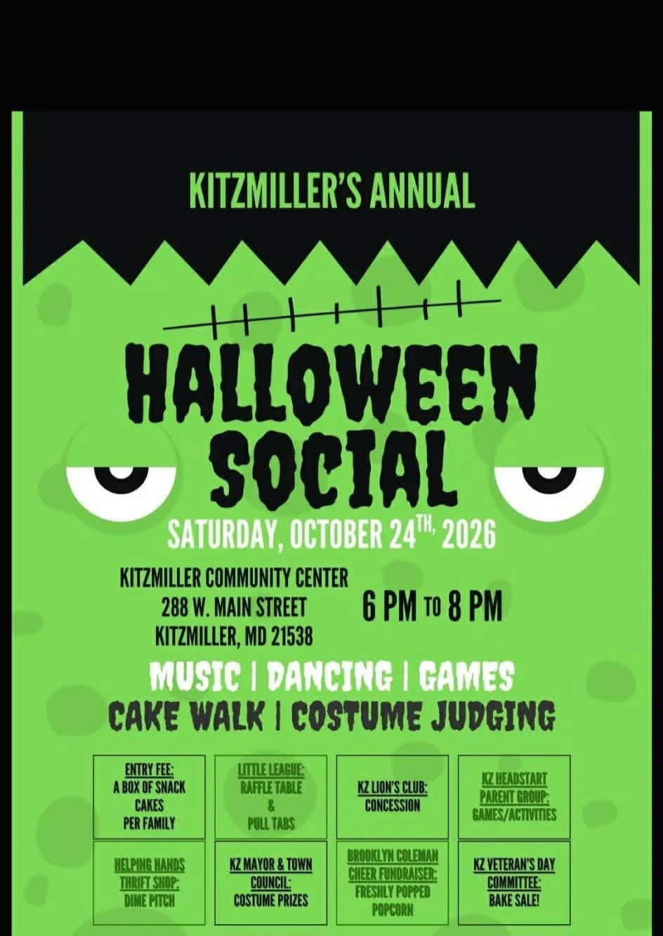 Kitzmiller's Annual Halloween Social flyer, Saturday, October 24, 2026, 6 to 8 PM, Kitzmiller Community Center