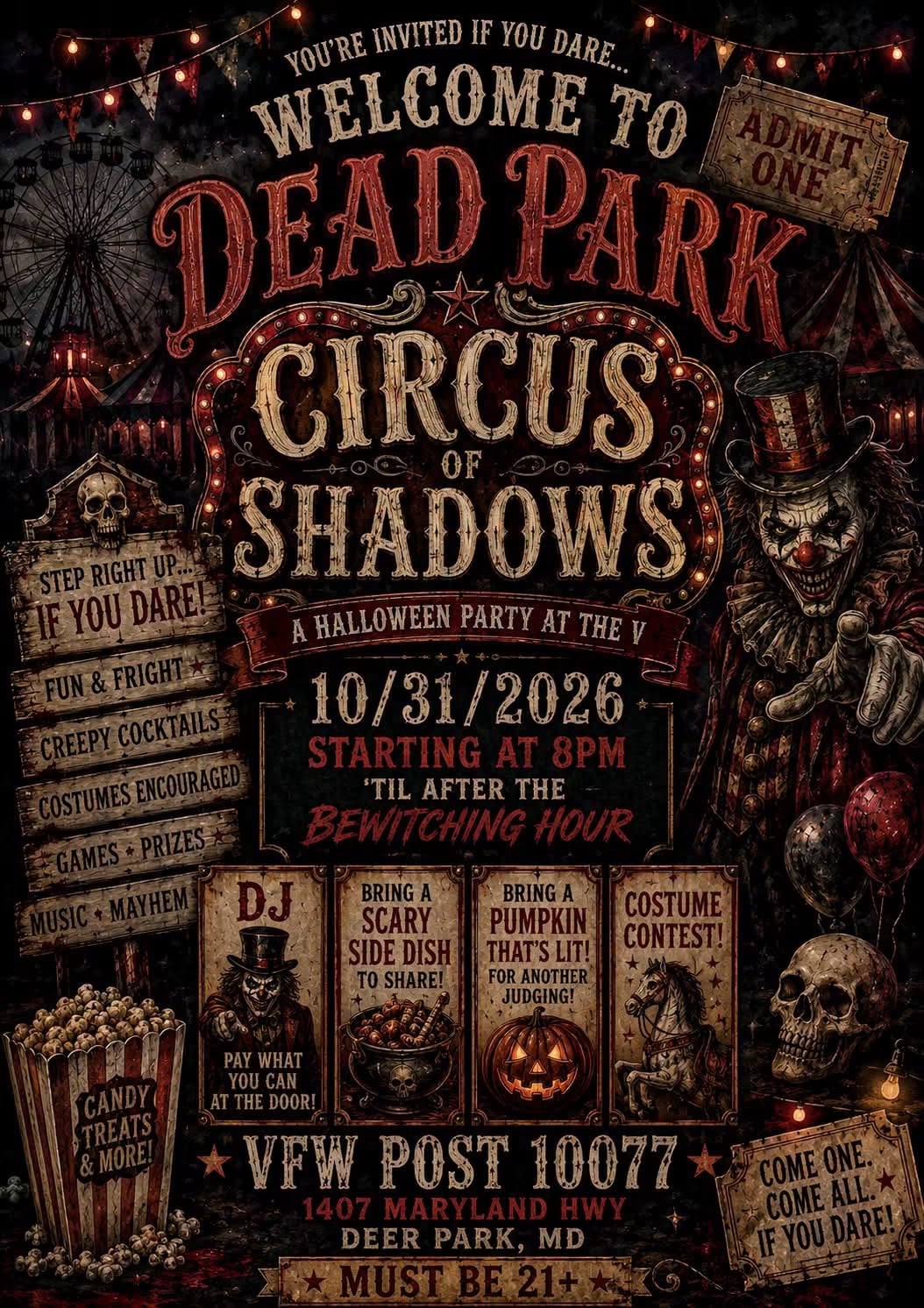 Dead Park: Circus of Shadows Halloween party flyer, VFW Post 10077, October 31, 2026, starting at 8 PM, must be 21+