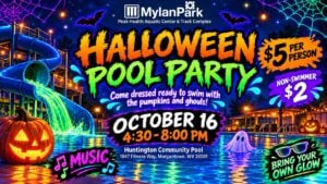 Mylan Park Halloween Pool Party flyer, October 16, 4:30 to 8 PM, Huntington Community Pool, $5 per person, $2 non-swimmers