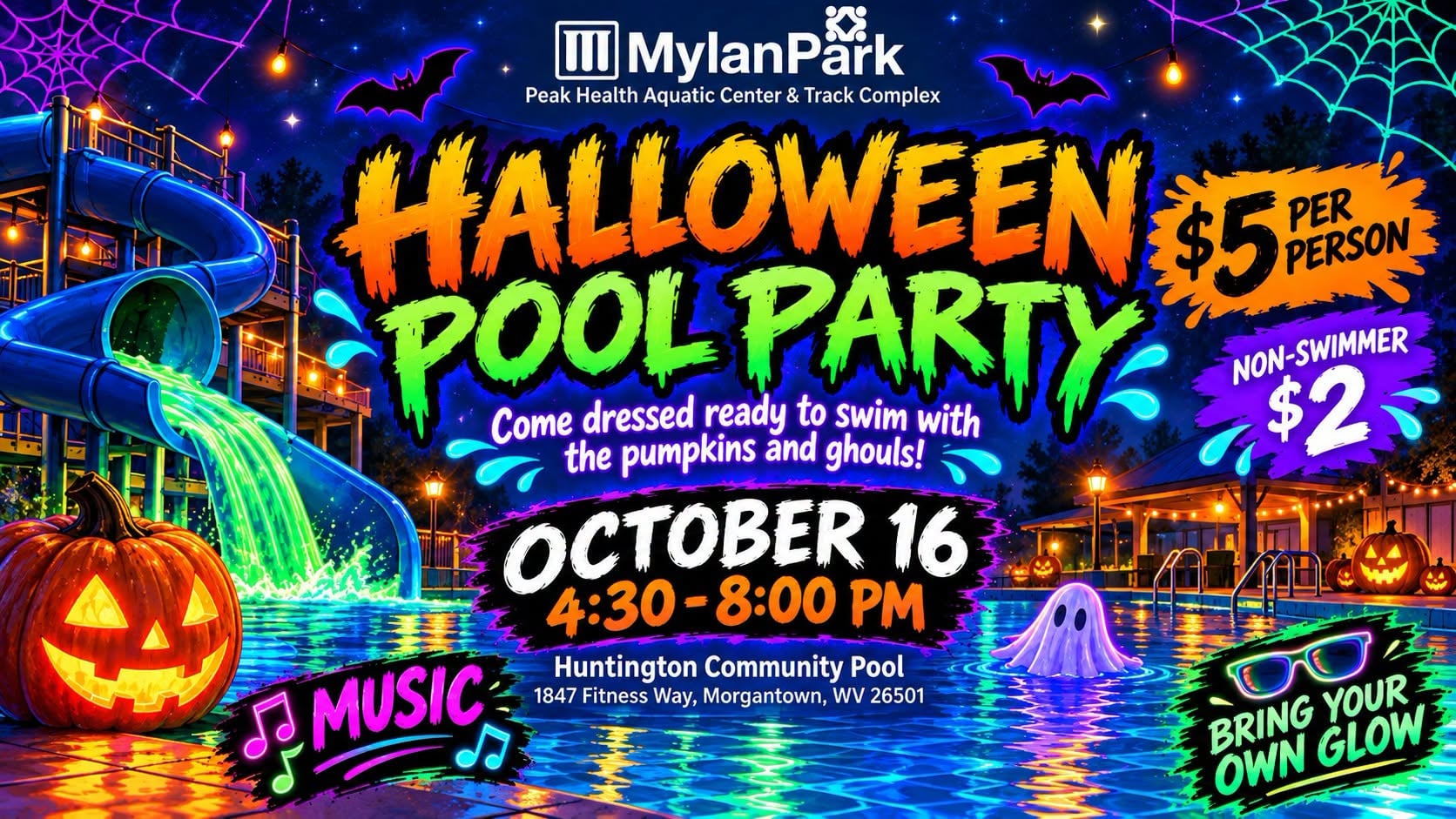 Mylan Park Halloween Pool Party flyer, October 16, 4:30 to 8 PM, Huntington Community Pool, $5 per person, $2 non-swimmers