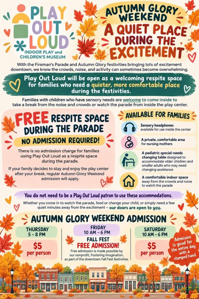 Play Out Loud flyer offering a free quiet respite space for families during the Autumn Glory parade, with Autumn Glory Weekend admission prices