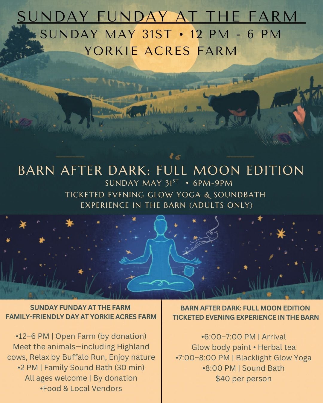🌿☀️ Sunday Funday at the Farm ☀️🌿 + Barn After Dark Full Moon Edition 🌙✨ (Deep Creek Lake, MD)